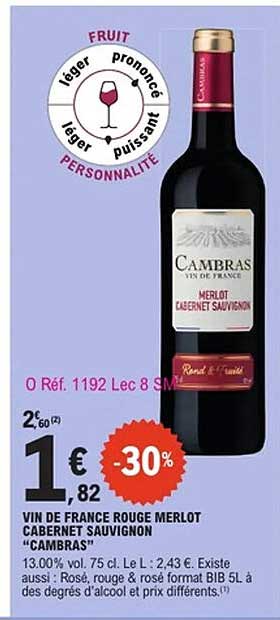 VIN DE FRANCE ROUGE MERLOT CABERNET SAUVIGNON "CAMBRAS"