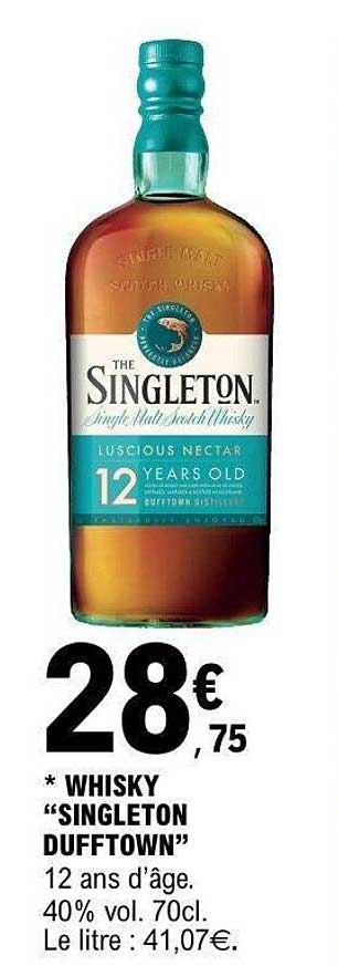 * WHISKY “SINGLETON DUFFTOWN” 12 ans d’âge. 40% vol. 70cl. Le litre : 41,07€.