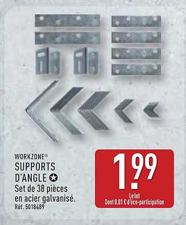 WORKZONE® SUPPORTS D'ANGLE Set de 38 pièces en acier galvanisé. Réf. 5018489