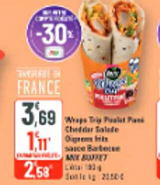 Wraps Trio Poulet Paëlla Cheddar Salsa Oignons frits sauce Barbecue