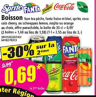 Boisson fuze tea pêche, fanta fraise et kiwi, sprite, coca cola cherry, ou schweppes lemon, mojito ou orange