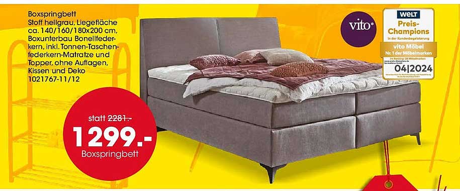 Boxspringbett Stoff hellgrau, Liegefläche ca. 140/160/180x200 cm