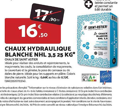 CHAUX HYDRAULIQUE BLANCHE NHL 3,5 25 KG*