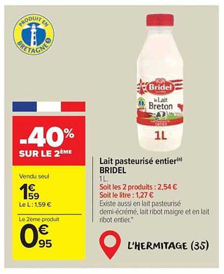 Lait pasteurisé entier Bridel 1L