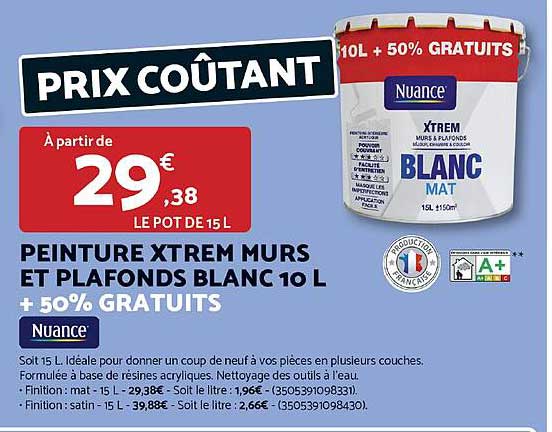 PEINTURE XTREM MURS ET PLAFONDS BLANC 10 L + 50% GRATUITS
