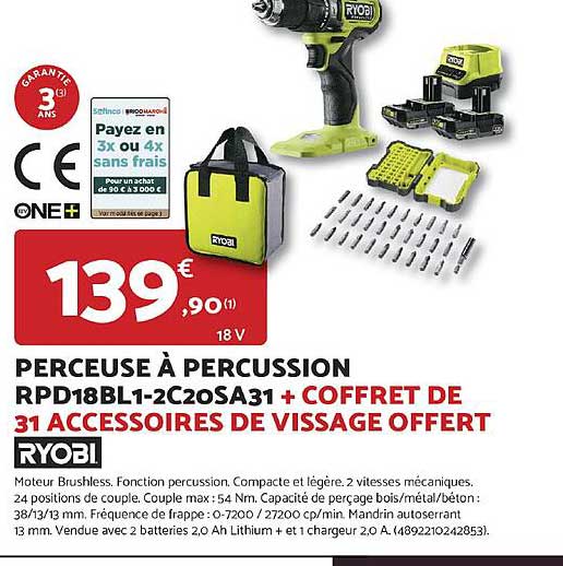 PERCEUSE À PERCUSSION RPD18BL1-2C20SA31 + COFFRET DE 31 ACCESSOIRES DE VISSAGE OFFERT