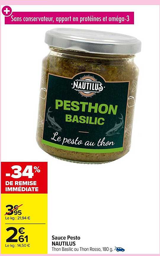 Sauce Pesto NAUTILUS Thon Basilic ou Thon Rosso, 180 g.