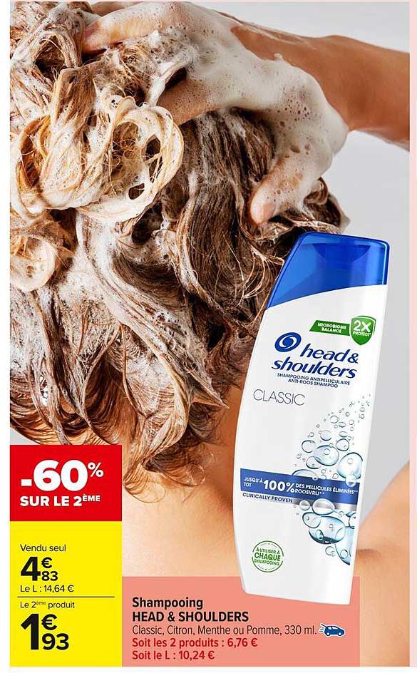 Shampooing HEAD & SHOULDERS Classic, Citron, Menthe ou Pomme, 330 ml.