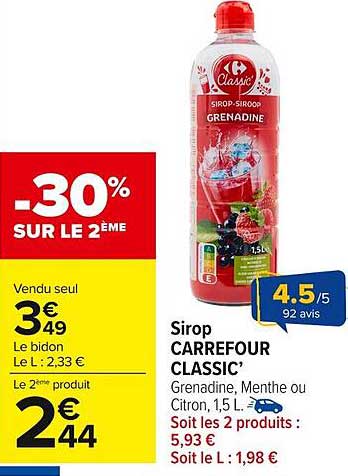 Sirop CARREFOUR CLASSIC’ Grenadine, Menthe ou Citron, 1,5 L