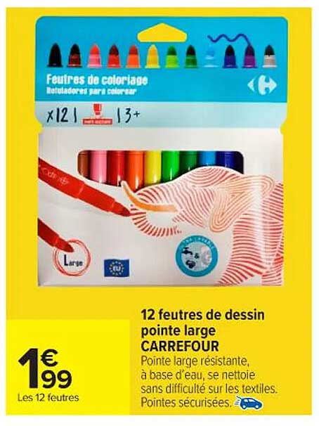 12 feutres de dessin pointe large CARREFOUR
