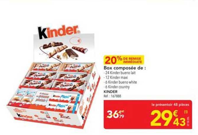 Box composée de : 24 Kinder bueno lait, 12 Kinder maxi, 6 Kinder bueno white, 6 Kinder country