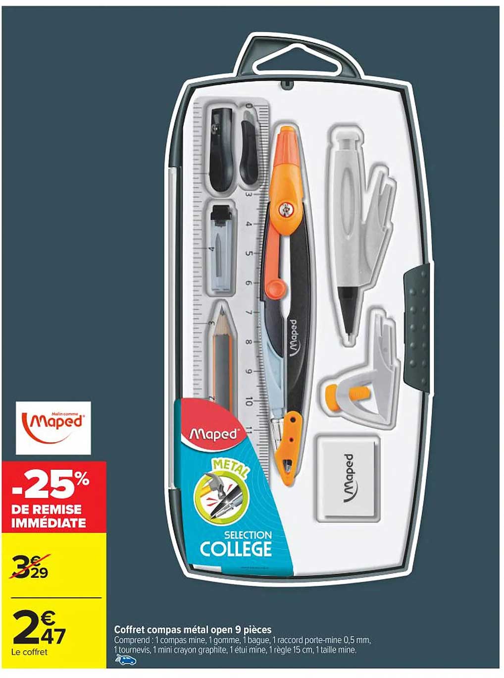 Coffret compas métal open 9 pièces