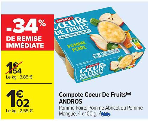 Compote Coeur De Fruits(m) ANDROS Pomme Poire, Pomme Abricot ou Pomme Mangue, 4 x 100 g