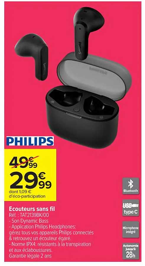 Ecouteurs sans fil Philips - Son Dynamic Bass