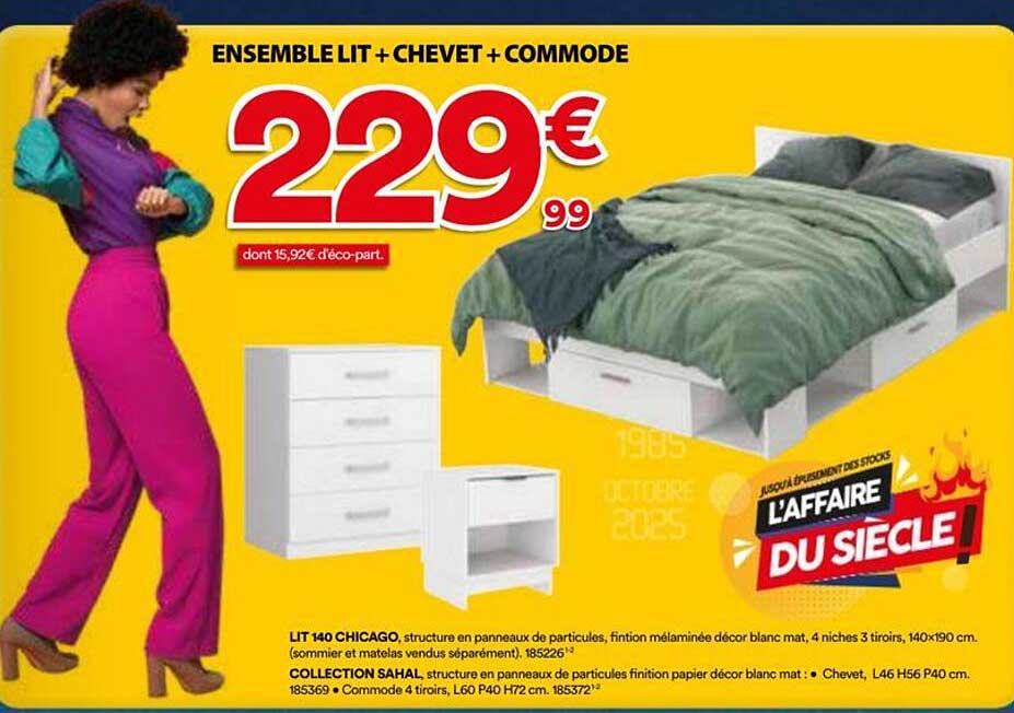 ENSEMBLE LIT + CHEVET + COMMODE