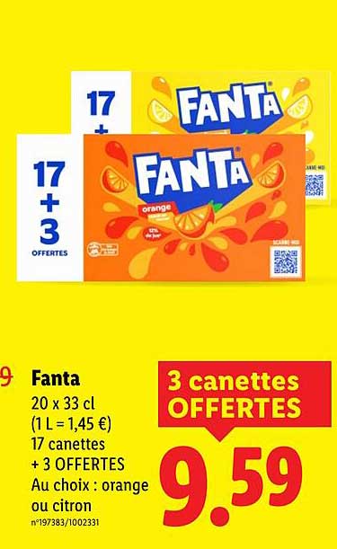 Fanta 20 x 33 cl (1 L = 1,45 €) 17 canettes + 3 OFFERTES