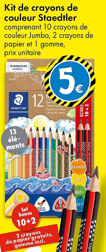 Kit de crayons de couleur Staedtler comprenant 10 crayons de couleur Jumbo, 2 crayons de papier et 1 gomme, prix unitaire