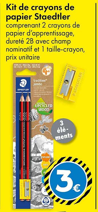 Kit de crayons de papier Staedtler comprenant 2 crayons de papier d’apprentissage, dureté 2B avec champ nominatif et 1 taille-crayon, prix unitaire