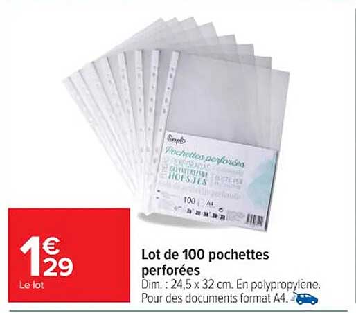 Lot de 100 pochettes perforées