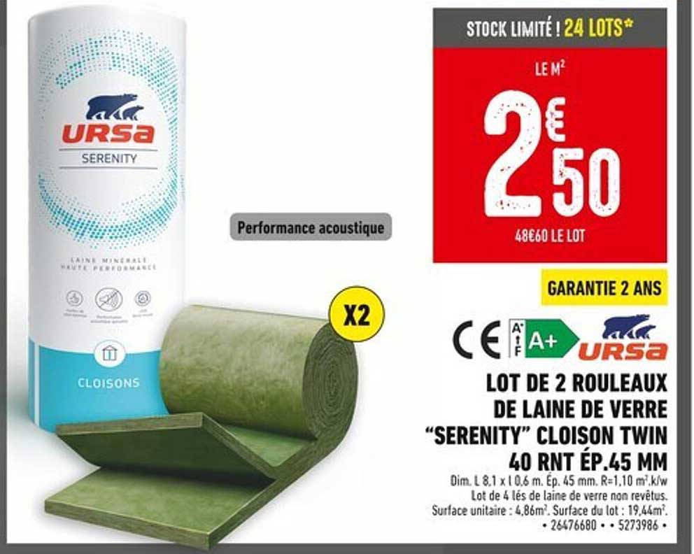 LOT DE 2 ROULEAUX DE LAINE DE VERRE “SERENITY” CLOISON TWIN 40 RNT ÉP.45 MM