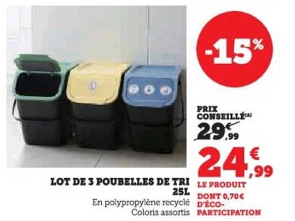 LOT DE 3 POUBELLES DE TRI 25L