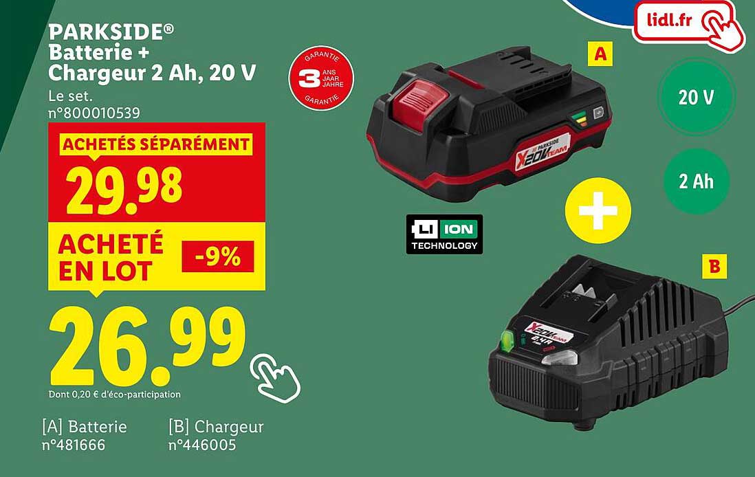 PARKSIDE® Batterie + Chargeur 2 Ah, 20 V