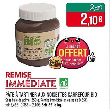 PÂTE À TARTINER AUX NOISETTES CARREFOUR BIO