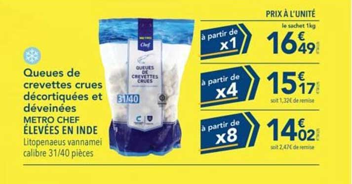Queues de crevettes crues décortiquées et déveinées METRO CHEF élevées en Inde