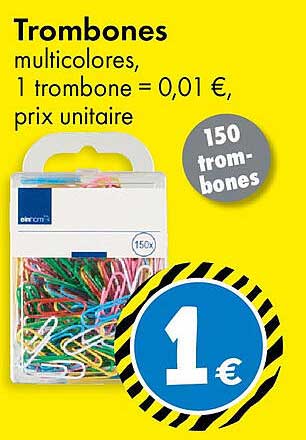 Trombones multicolores, 1 trombone = 0,01 €, prix unitaire