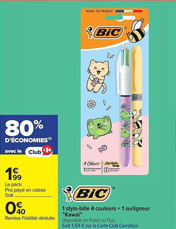 1 stylo-bille 4 couleurs + 1 surligneur "Kawaii"