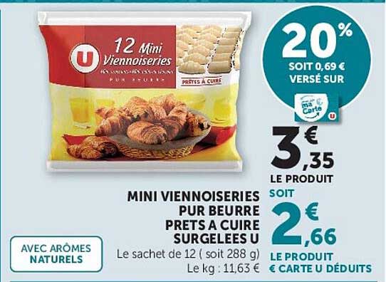12 Mini Viennoiseries Pur Beurre Prêtes à Cuire Surgelées U
