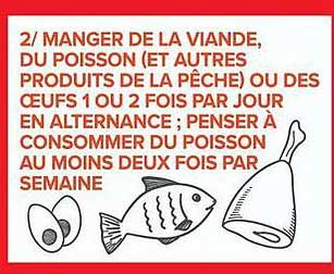 2/ MANGER DE LA VIANDE, DU POISSON (ET AUTRES PRODUITS DE LA PÊCHE) OU DES OEUFS 1 OU 2 FOIS PAR JOUR EN ALTERNANCE ; PENSER À CONSOMMER DU POISSON AU MOINS DEUX FOIS PAR SEMAINE