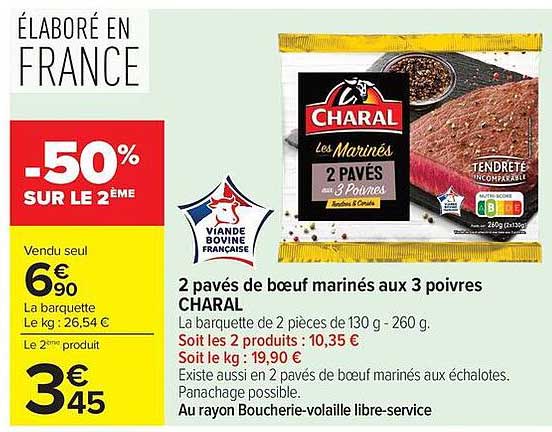 2 pavés de boeuf marinés aux 3 poivres CHARAL