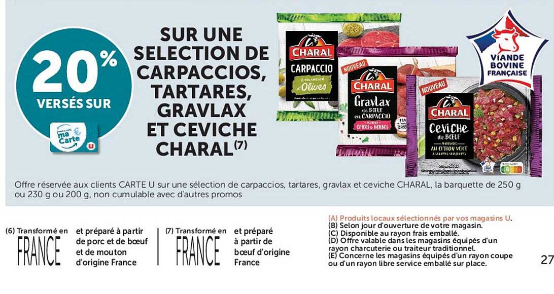 20% VERSÉS SUR UNE SÉLECTION DE CARPACCIOS, TARTARES, GRAVLAX ET CEVICHE CHARAL