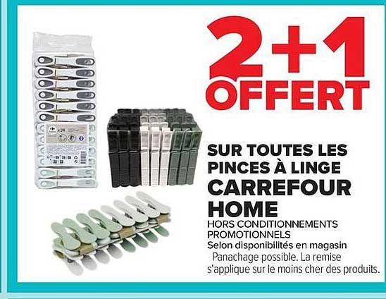 2+1 OFFERT SUR TOUTES LES PINCES À LINGE CARREFOUR HOME