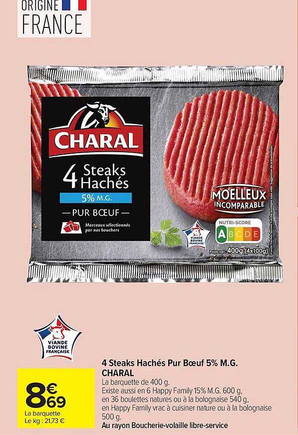 4 Steaks Hachés Pur Bœuf 5% M.G. CHARAL
