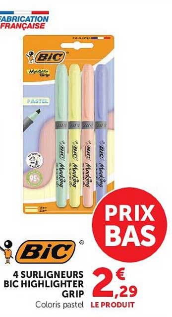 4 SURLIGNEURS BIC HIGHLIGHTER GRIP Coloris pastel