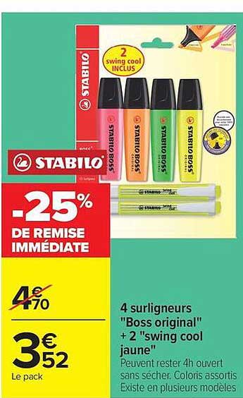 4 surligneurs "Boss original" + 2 "swing cool" jaune