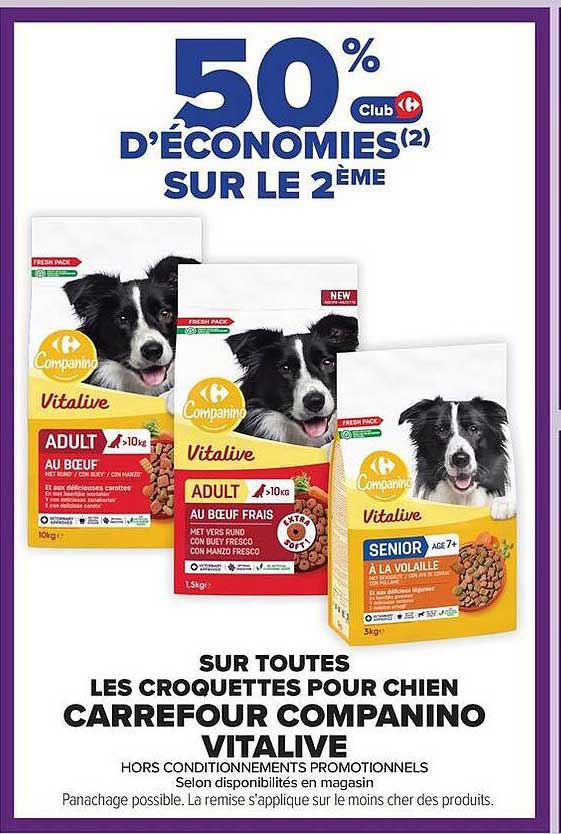 50% d'économies sur le 2ème sur toutes les croquettes pour chien Carrefour Companino Vitalive