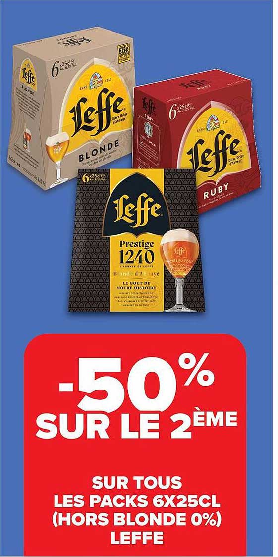 -50% SUR LE 2ÈME SUR TOUS LES PACKS 6X25CL (HORS BLONDE 0%) LEFFE
