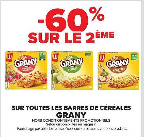 -60% SUR LE 2ÈME SUR TOUTES LES BARRES DE CÉRÉALES GRANY