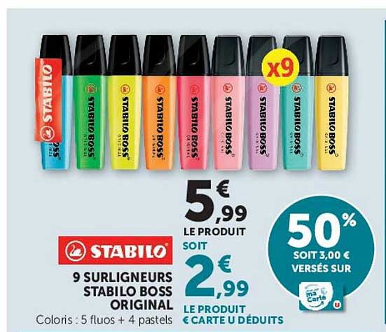 9 Surligneurs STABILO BOSS ORIGINAL