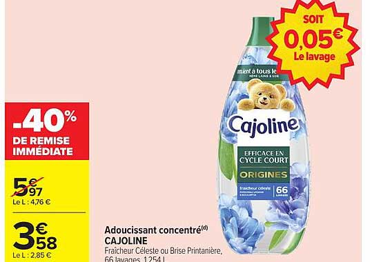 Adoucissant concentré CAJOLINE Fraîcheur Céleste ou Brise Printanière 66 lavages 1254 L