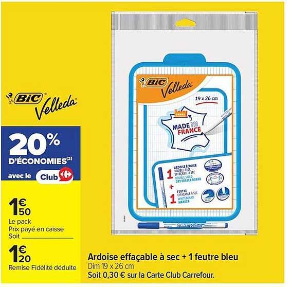 Ardoise effaçable à sec + 1 feutre bleu
