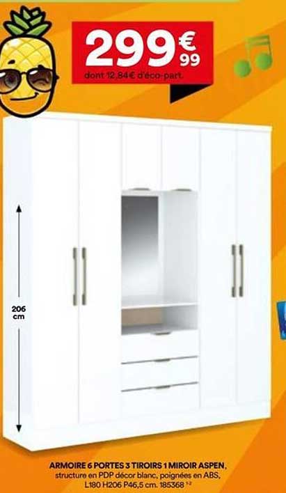 ARMOIRE 6 PORTES 3 TIROIRS 1 MIROIR ASPEN