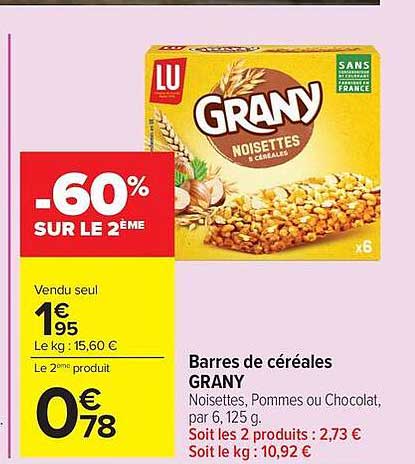 Barres de céréales GRANY Noisettes, Pommes ou Chocolat, par 6, 125 g
