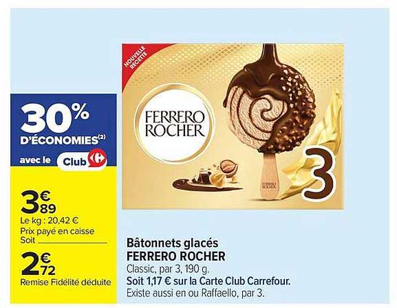 Bâtonnets glacés FERRERO ROCHER Classic, par 3, 190 g.