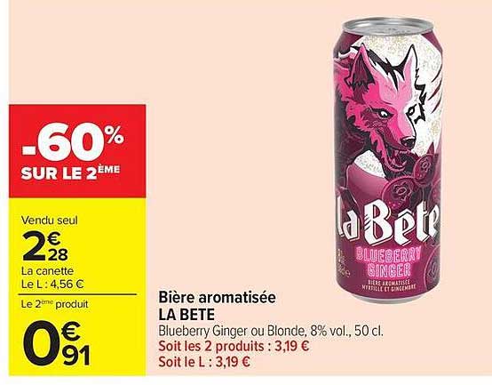 Bière aromatisée LA BETE Blueberry Ginger ou Blonde, 8% vol., 50 cl.