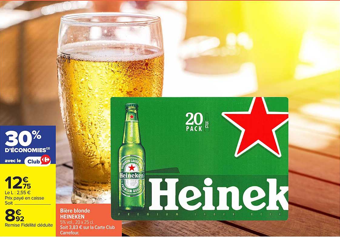Bière blonde HEINEKEN 5% vol., 20 x 25 cl