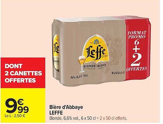 Bière d'Abbaye LEFFE Blonde, 6,6% vol., 6 x 50 cl + 2 x 50 cl offerts.